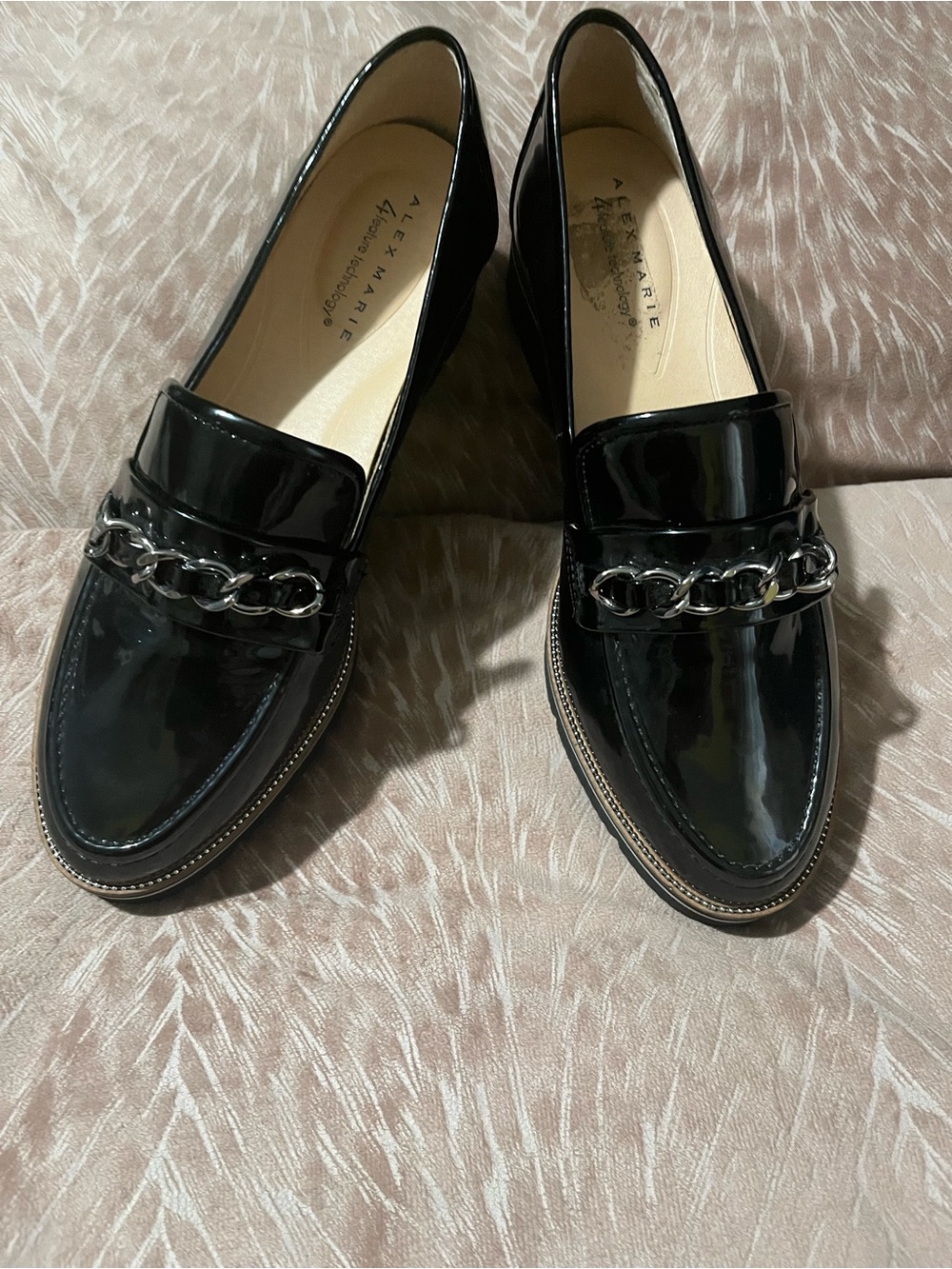 Alex Marie Black Patent Loafers with Silver Chain Trim NO BOX